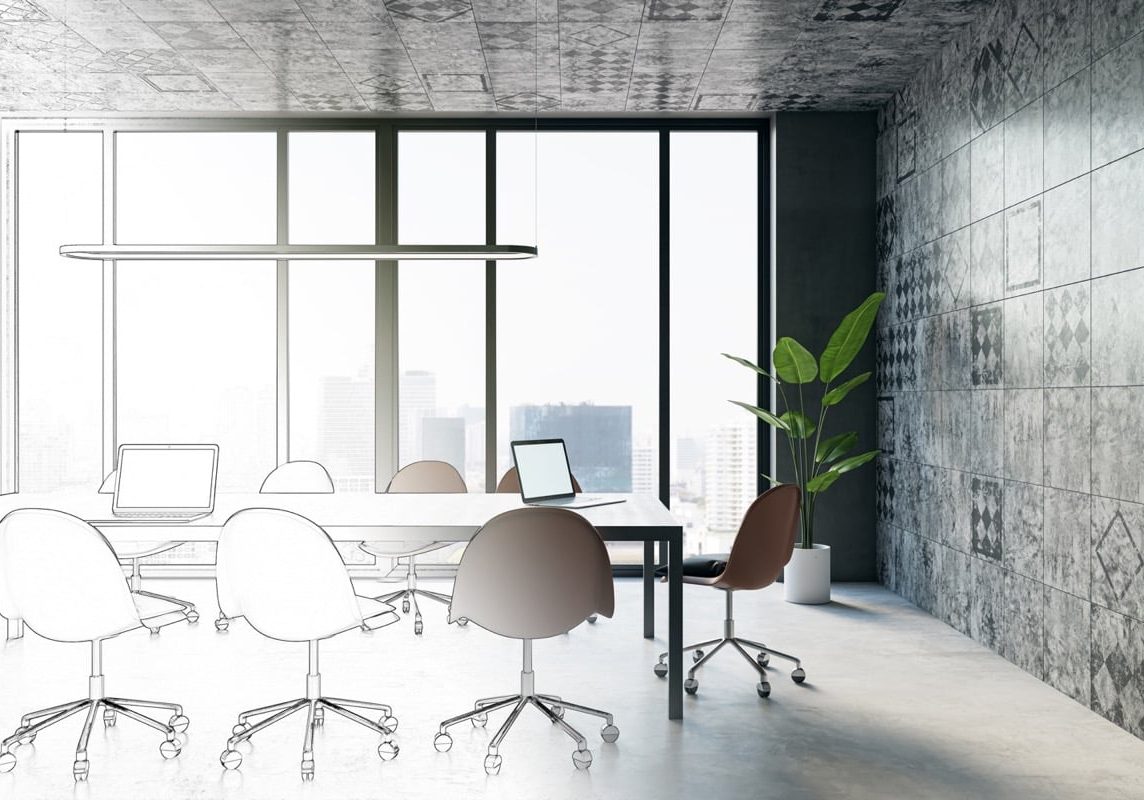 Sketch of luxury tile conference room interior with furniture, panoramic glass window with city view. Law and legal, designer blueprint, workplace presentation concept. 3D Rendering